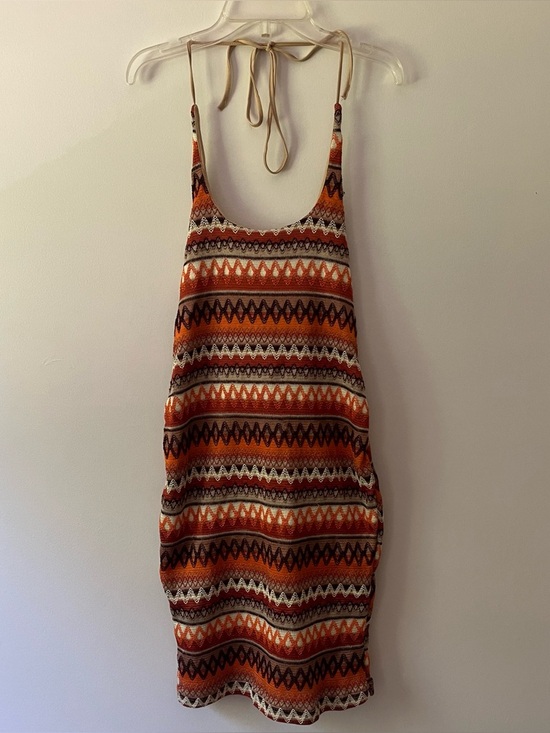 SHEIN Dresses & Skirts - Knit Halter Bodycon Dress Small Brown Orange Zig Zag Scoop Neck Beachy Shein